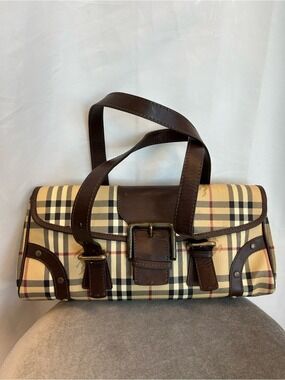 Burberry Haymarket Check Coated Canvas shoulder bag brown leather trim